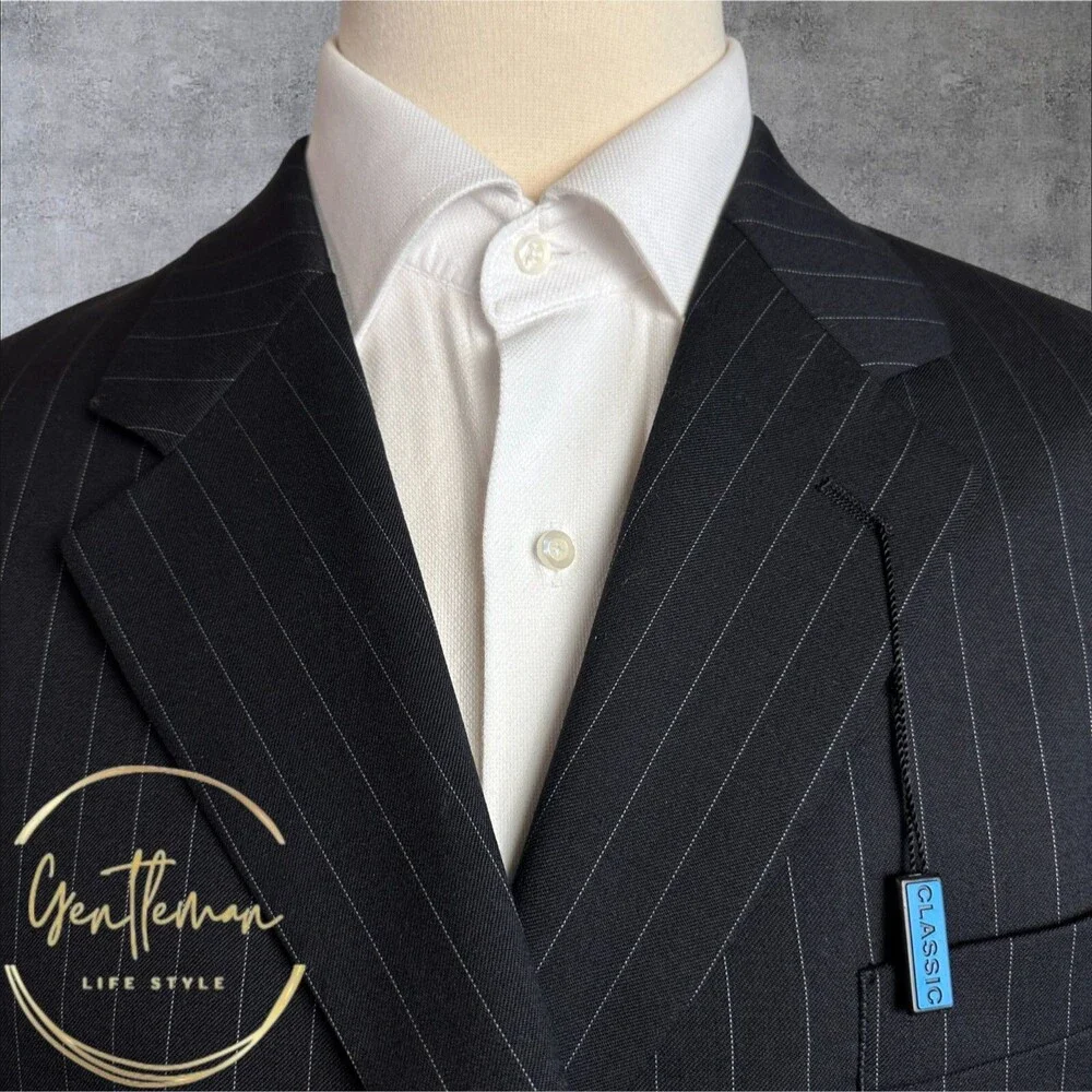 CHAPS Men's 46R Black Wool Striped Blazer Sport Coat Three-Button Jacket Suit